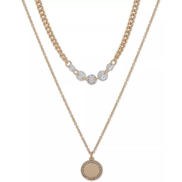 DKNY Gold Tone Crystal Disc Pendant Layered Necklace Women's Fashion Chic NEW - Picture 4 of 7